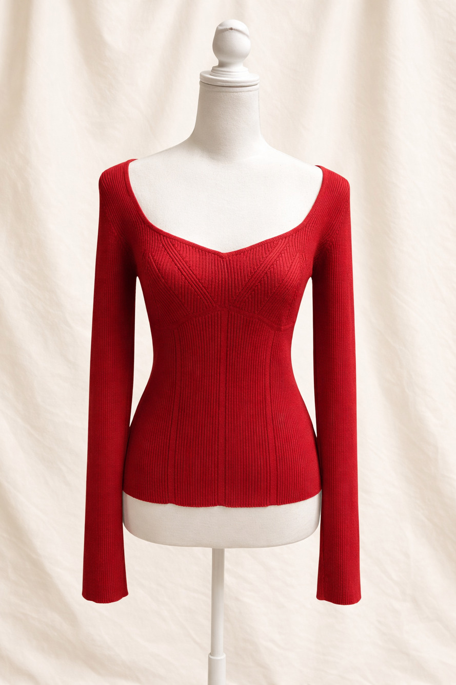 Pink Rose L Coquette Sweetheart Ribbed Top Red Fitted Soft Girl Stretch Sweater
